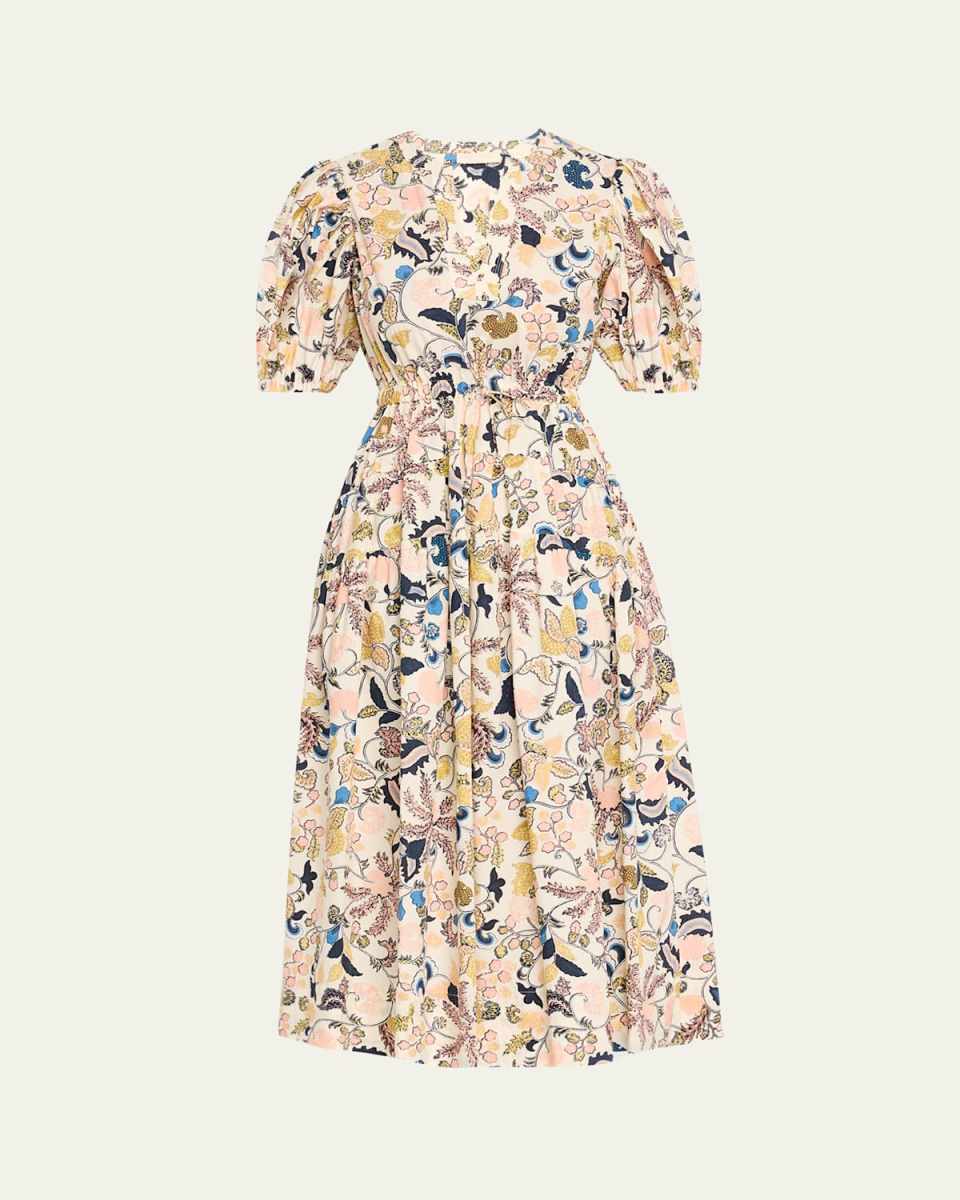 Adriana Puff-Sleeve V-Neck Midi Dress